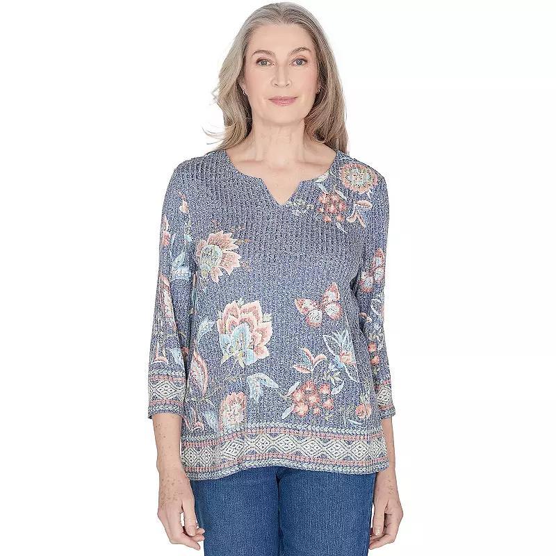 Alfred Dunner Scottsdale Womens Floral Border Split Neck Top Product Image