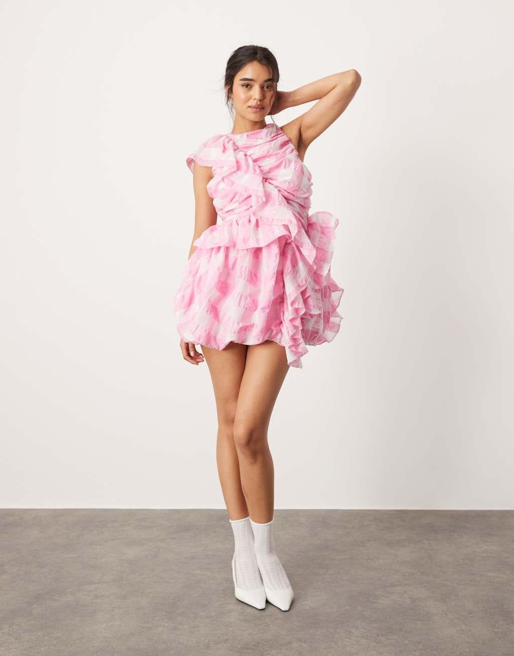 ASOS DESIGN ruffle mini dress with puffball skirt in oversized pink check Product Image