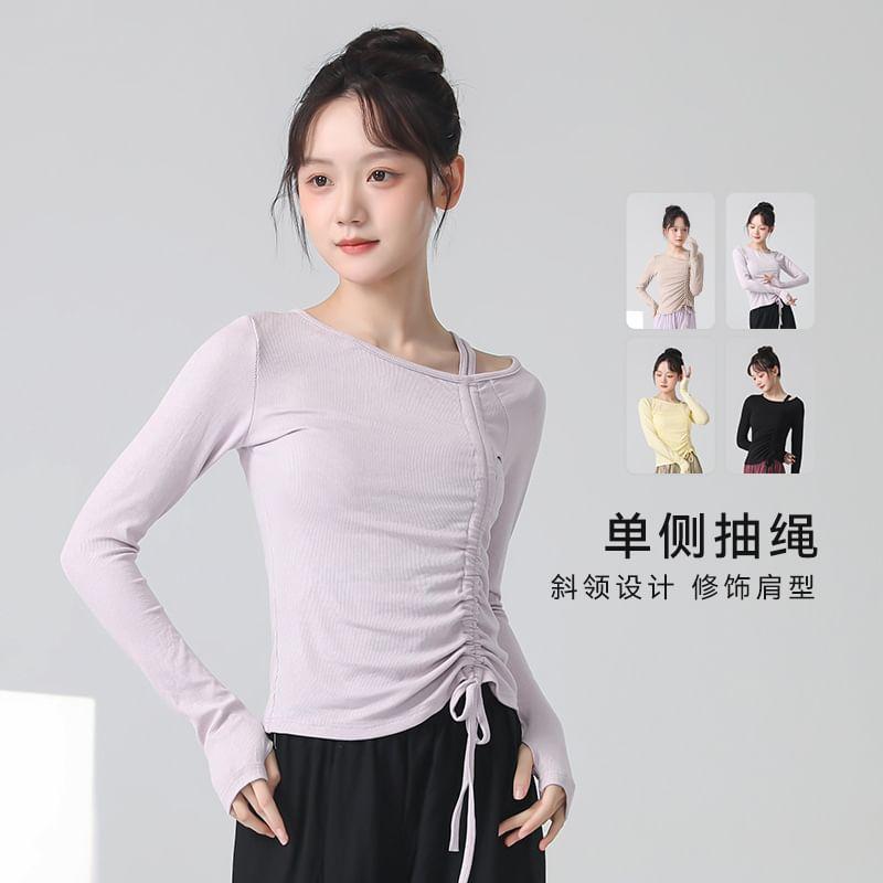 Long-Sleeve Asymmetrical Plain Crop Top Product Image