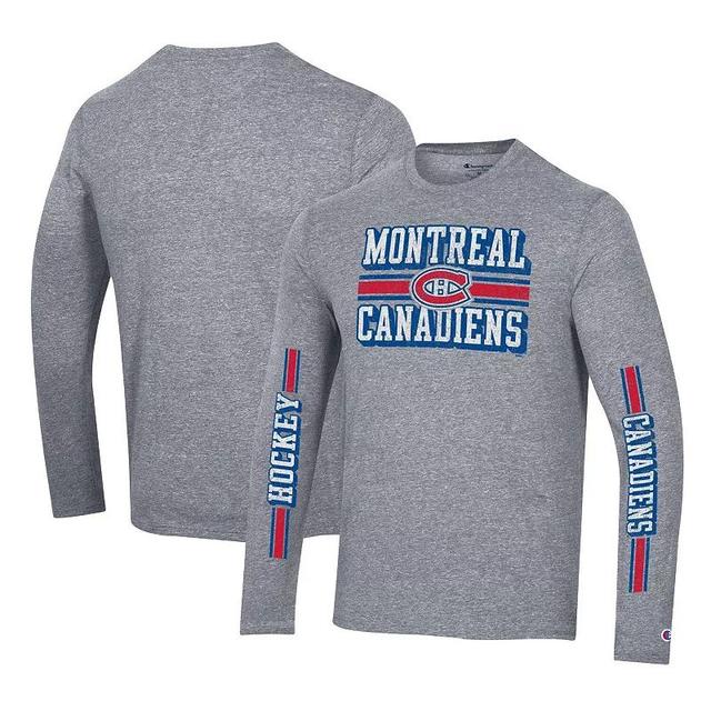 Mens Champion Heather Gray Montreal Canadiens Tri-Blend Dual-Stripe Long Sleeve T-Shirt Product Image