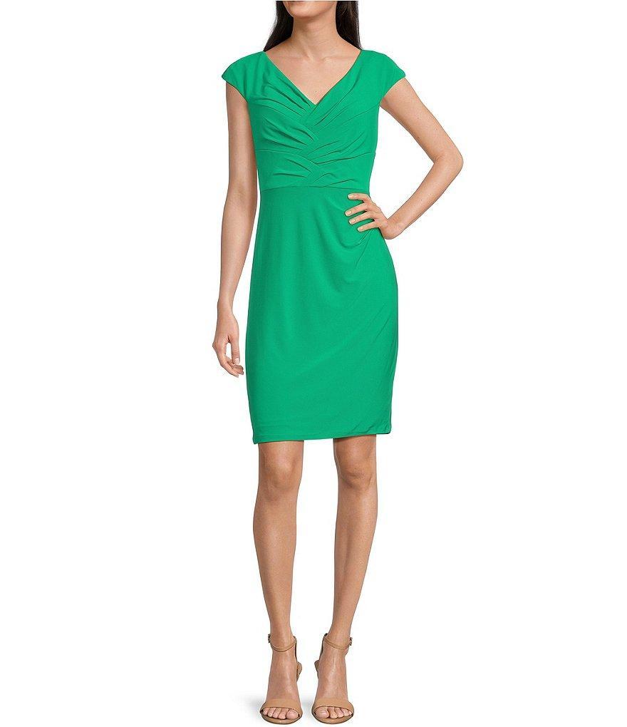 Adrianna Papell Stretch Knit Jersey V-Neck Cap Sleeve Pleated Bodice Dress Product Image