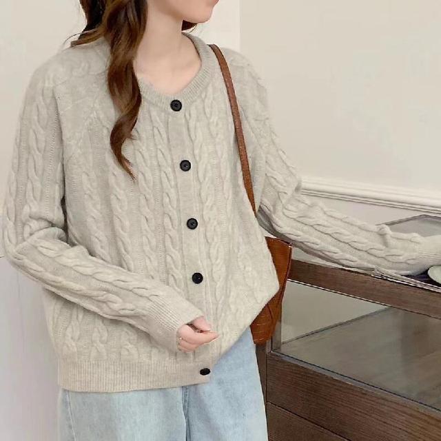 Round Neck Cable Knit Cardigan Product Image