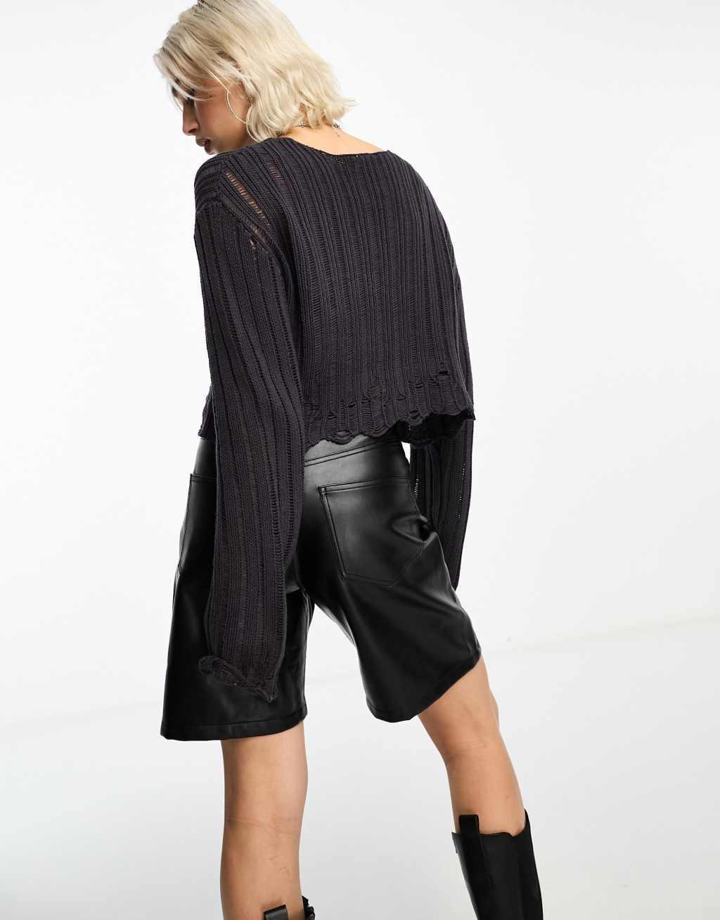 COLLUSION cropped distressed nibbled hem sweater in stone Product Image