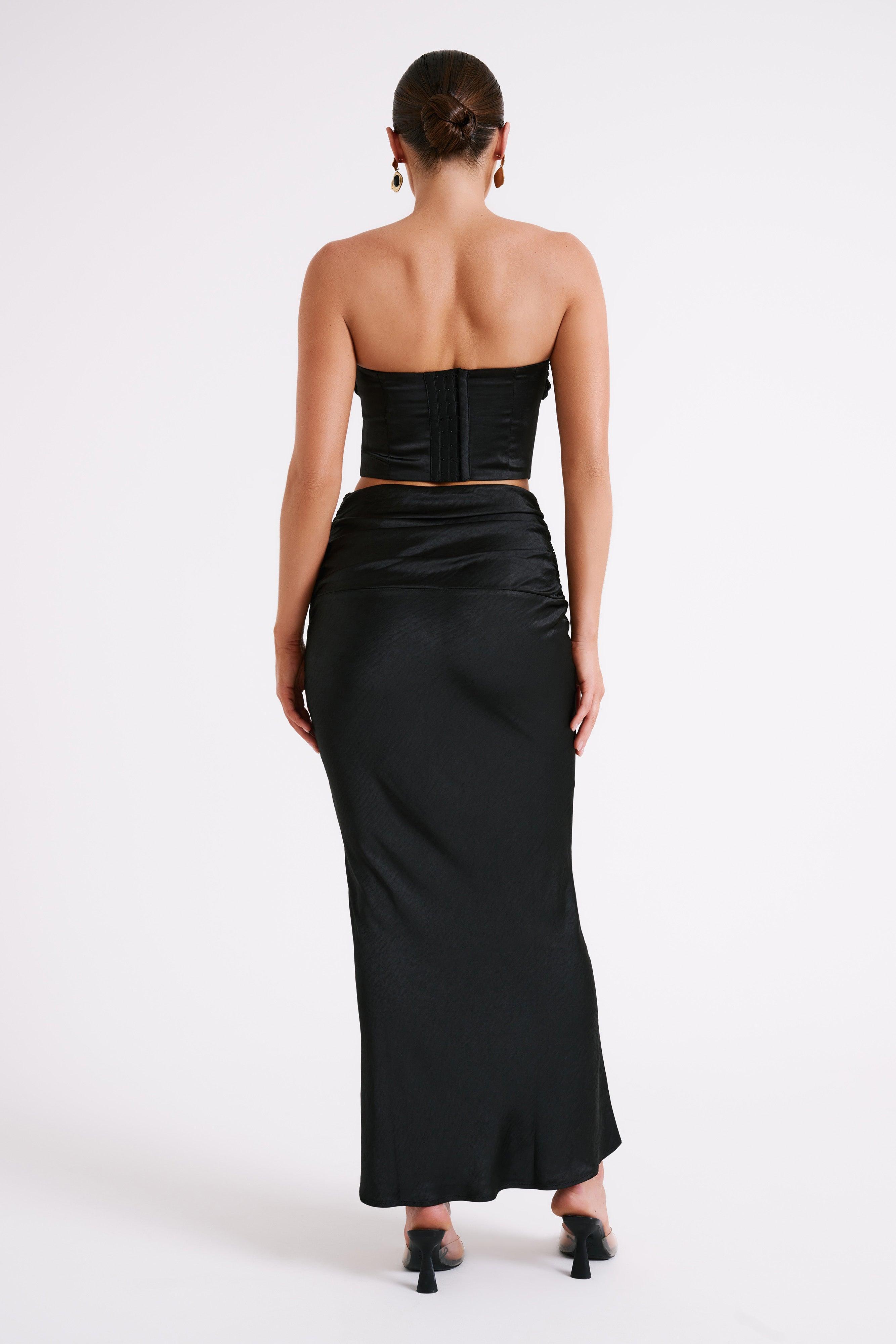 Khalani Ruched Satin Maxi Skirt - Black Product Image