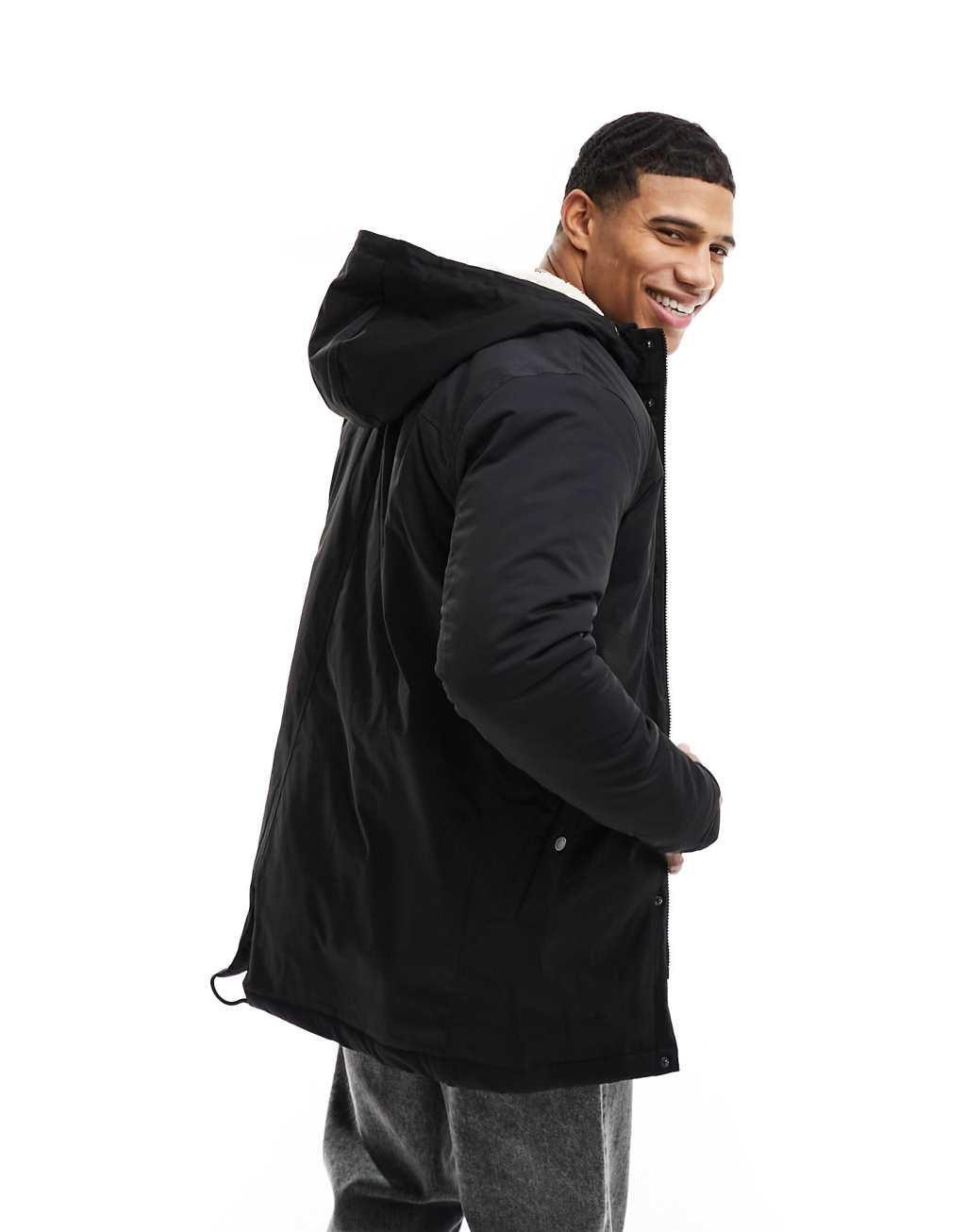 Only & Sons parka with borg lined hood in black Product Image