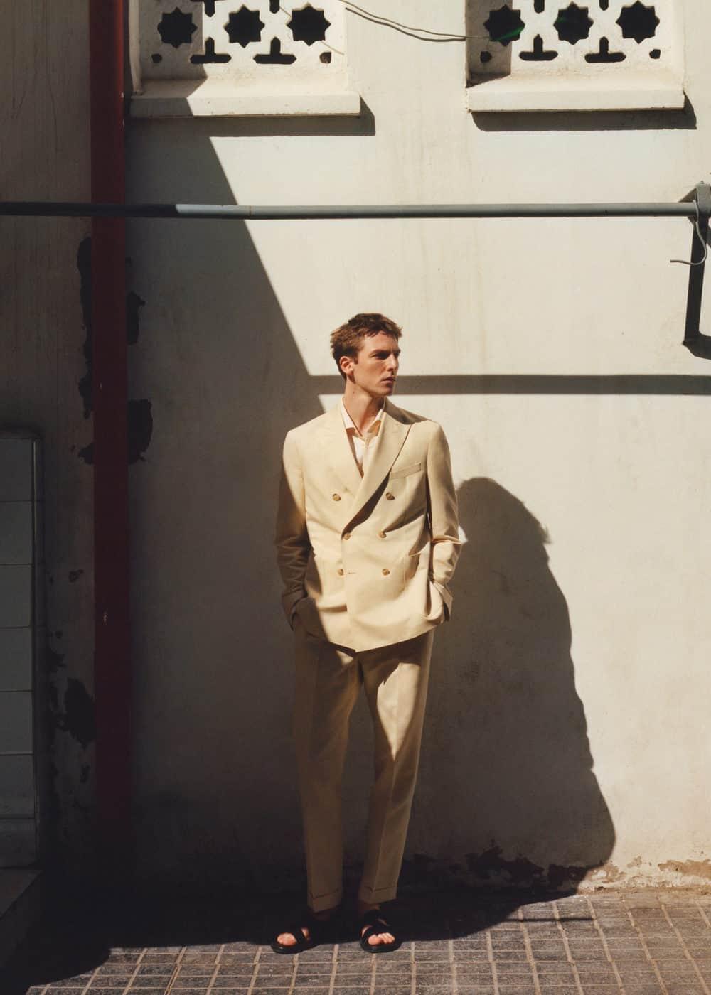 MANGO MAN - Cotton linen suit pants with pleats pastel yellowMen Product Image