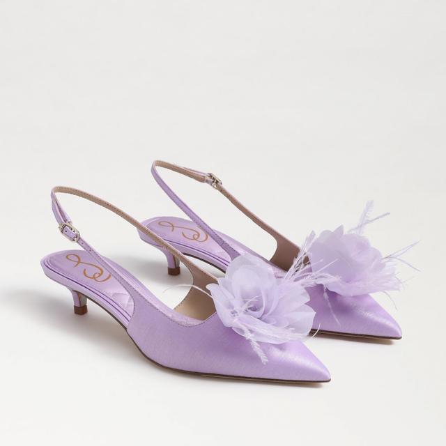 Sam Edelman Faye Satin Kitten Heel Slingback Sheer Flower and Feather Detail Pumps Product Image