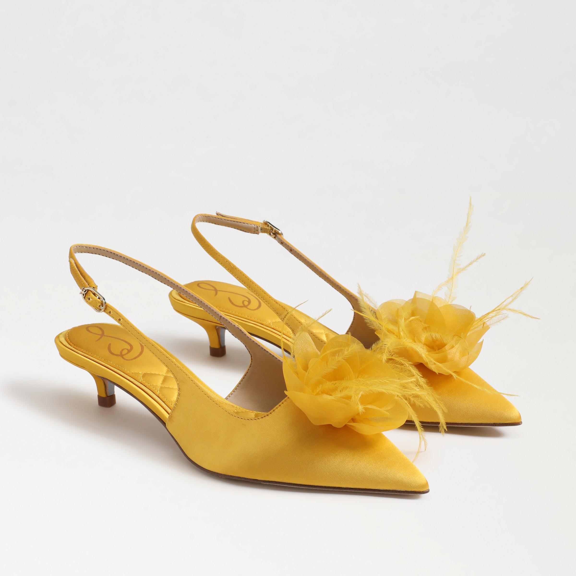 Sam Edelman Faye Satin Kitten Heel Slingback Sheer Flower and Feather Detail Pumps Product Image