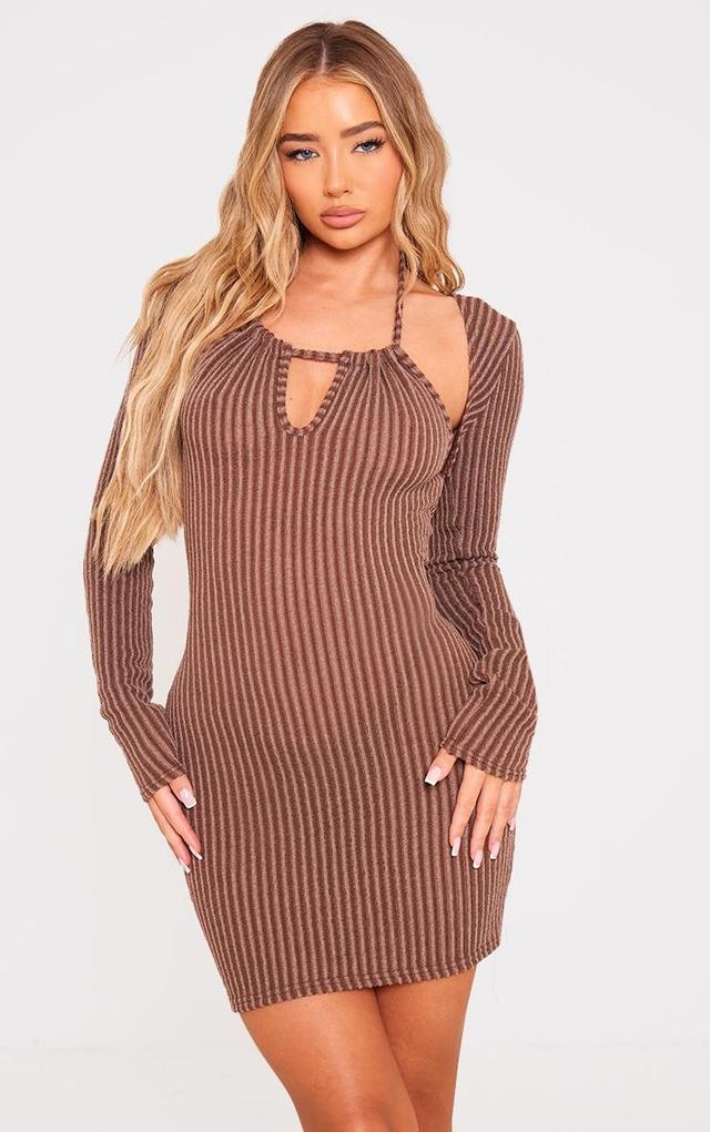 Brown Textured Cut Out Halter Neck Mini Dress Product Image