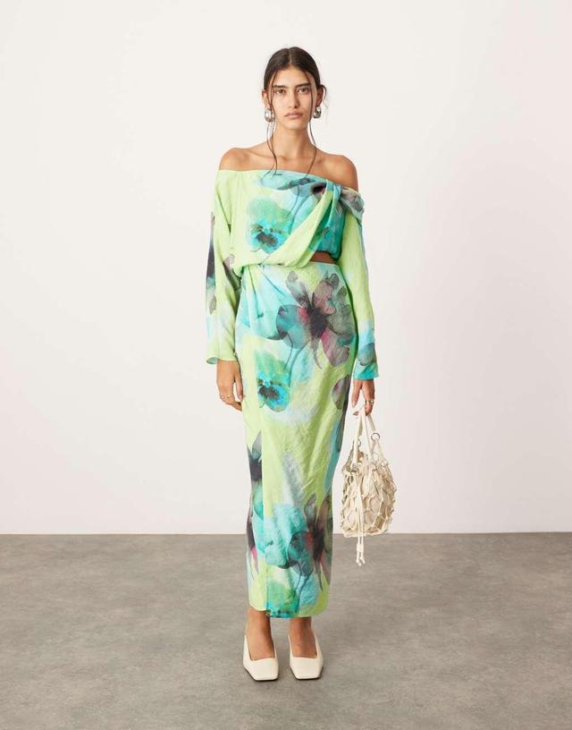 ASOS EDITION twist off the shoulder maxi dress with cut out detail in large floral print Product Image