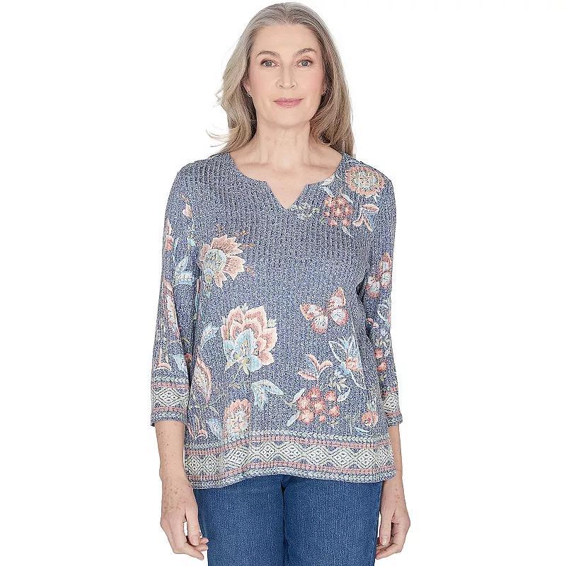 Alfred Dunner Scottsdale Womens Floral Border Split Neck Top Product Image