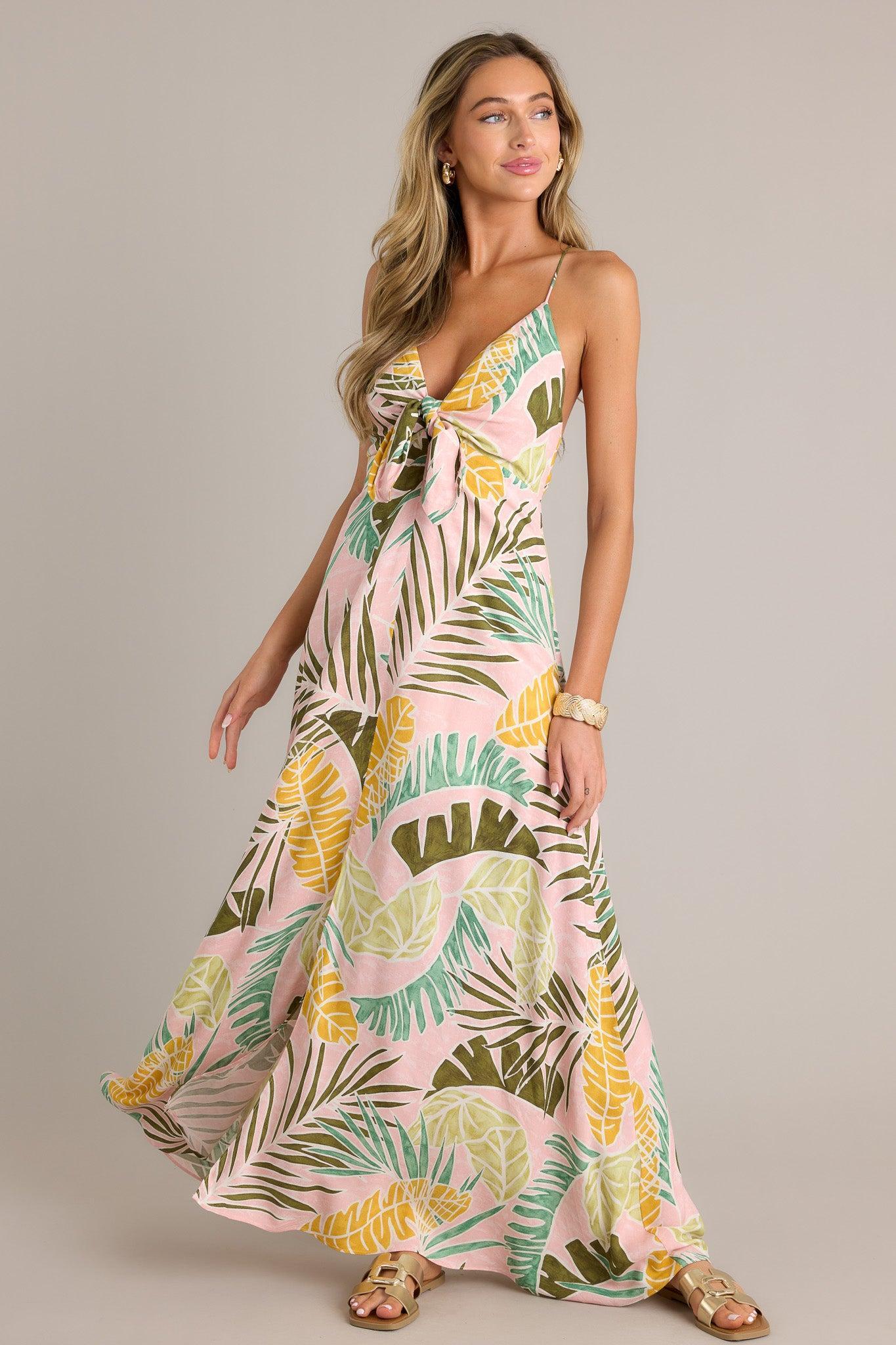 Palm Haven Light Pink Tropical Print Maxi Dress Product Image