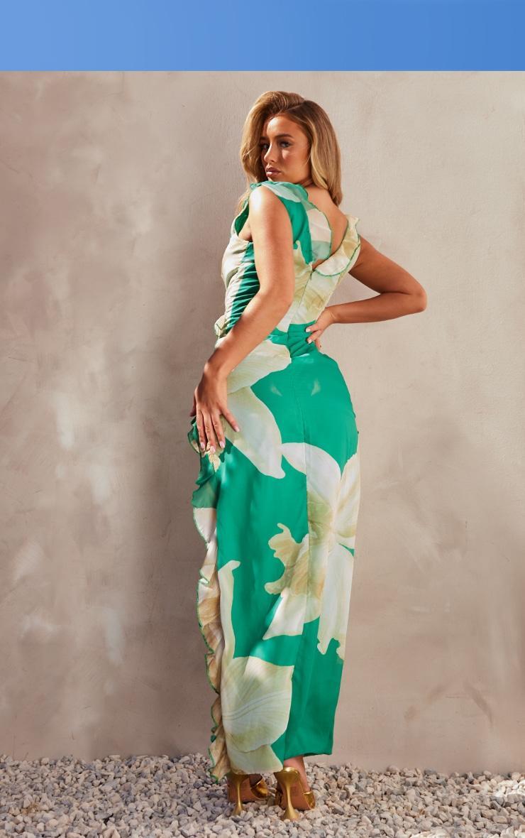 Green Floral Asymmetric Frill Split Maxi Dress Product Image