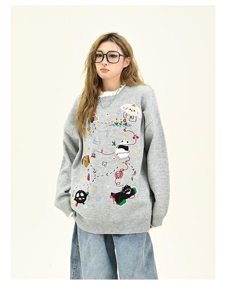 Drop Shoulder Crew Neck Cartoon Embroidered Oversized Sweater Product Image