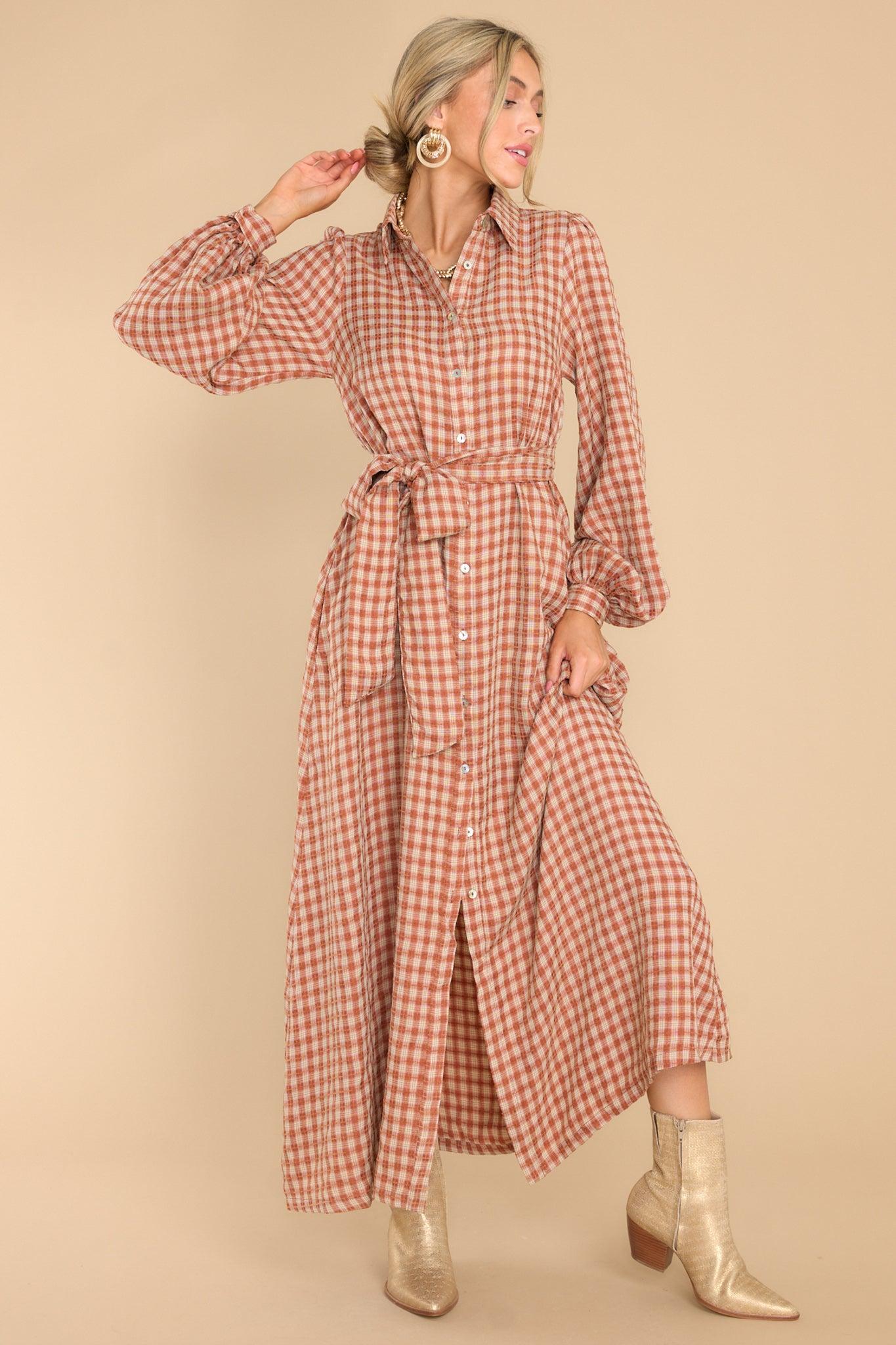 Aura Rustic Elegance Brick Plaid Maxi Dress Brown Product Image