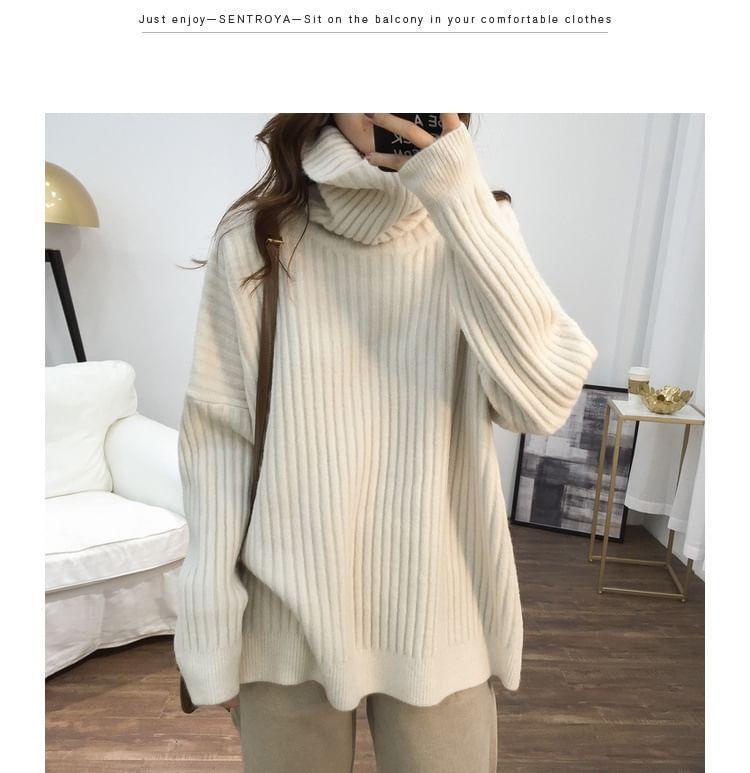 Turtleneck Plain Ribbed Oversized Sweater Product Image