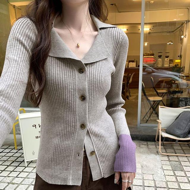 Collared Button-Up Plain Cardigan Product Image