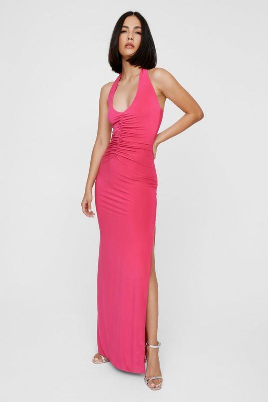 Plunge Ruched Halter Maxi Dress Product Image