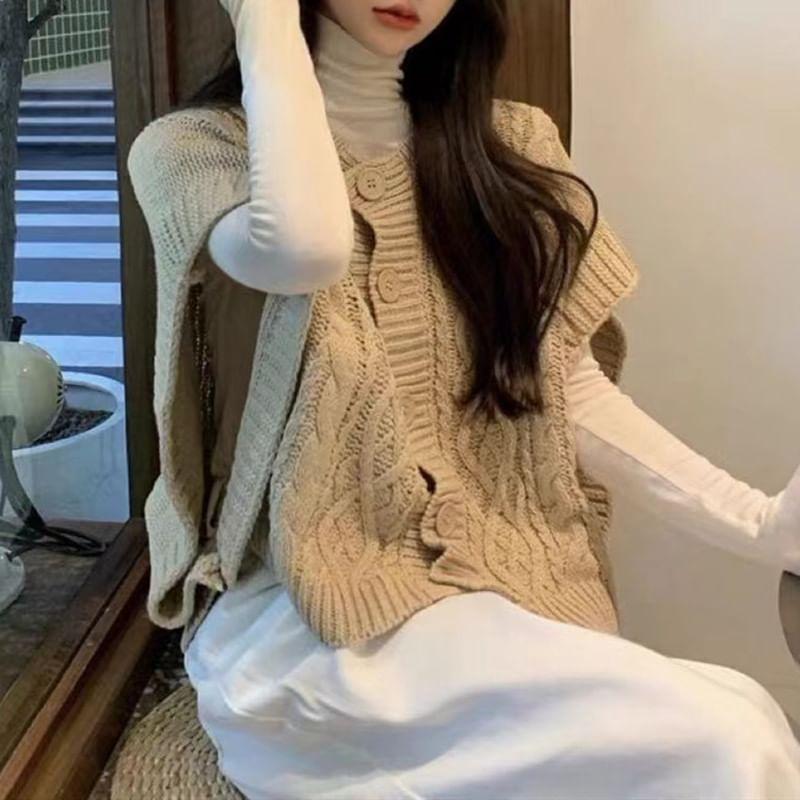 Short-Sleeve Plain Cable-Knit Cardigan Product Image