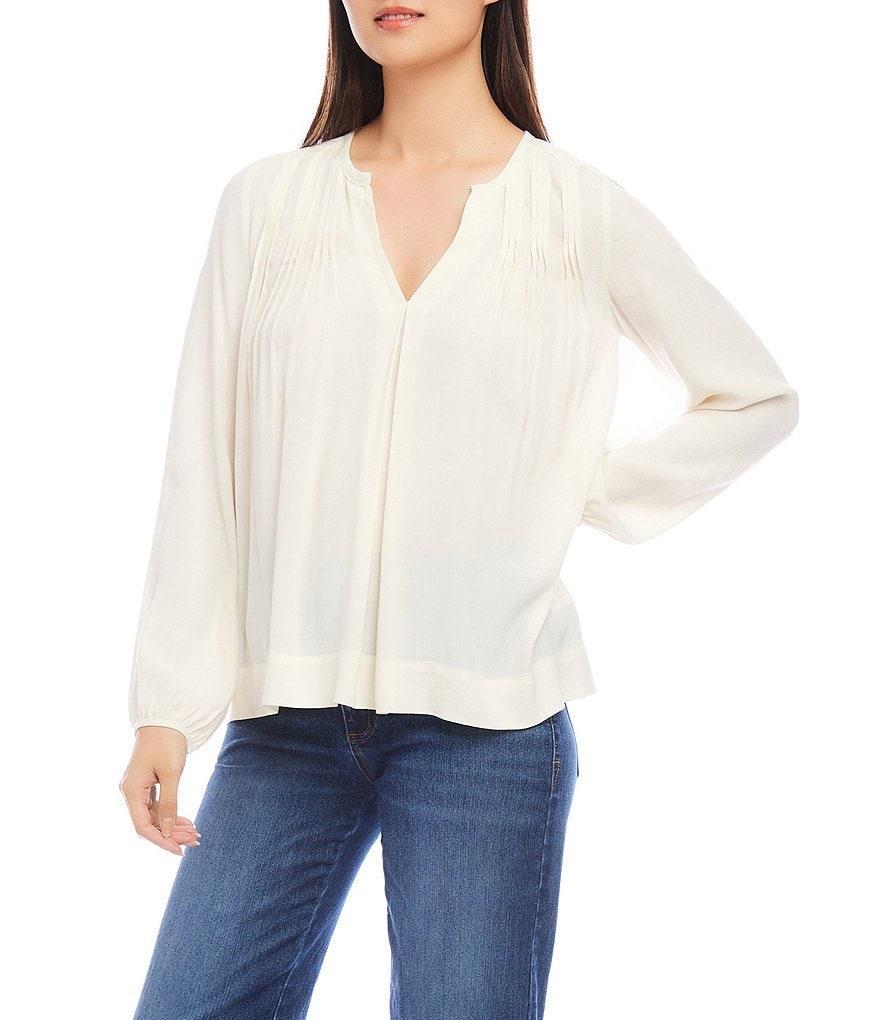 Karen Kane Woven Pleated Split Neck Long Sleeve Blouse Product Image