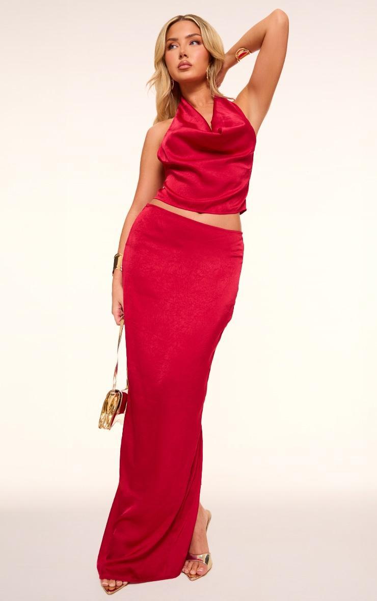 Red Textured Satin Cowl Open Back Longline Top Product Image