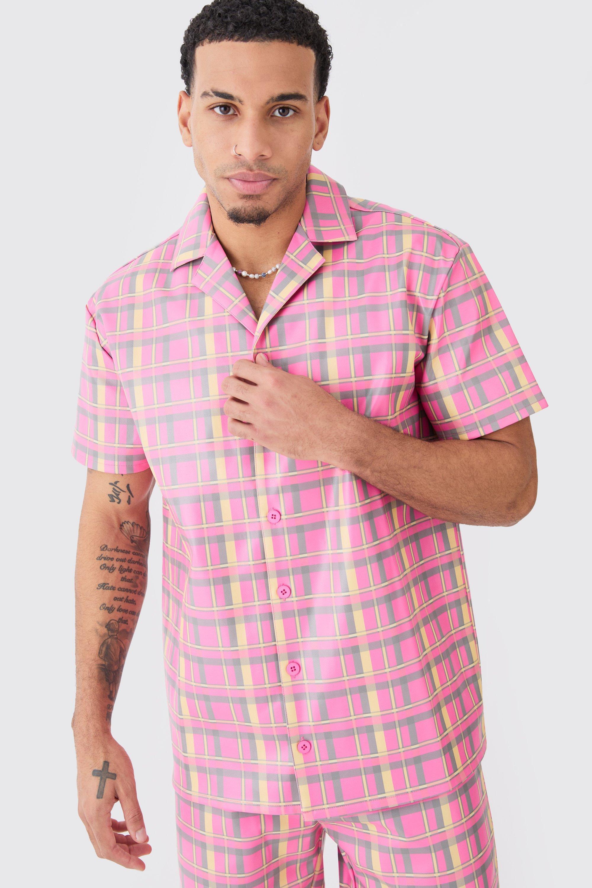 Short Sleeve Oversized Plaid Pu Shirt | boohooMAN USA Product Image