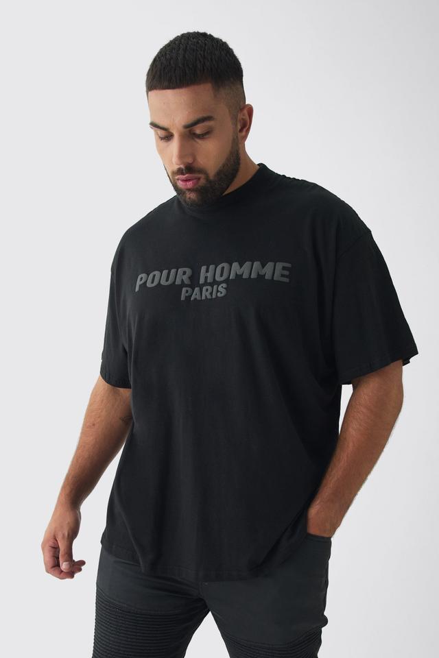 Plus Oversized Extended Neck Pour Homme Puff Print T-Shirt | boohooMAN USA Product Image