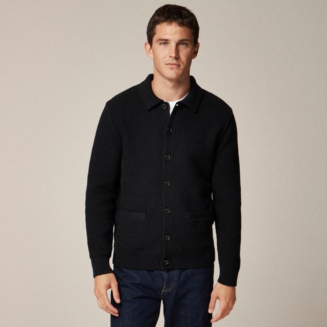 Cotton cardigan sweater-polo in moss stitch Product Image