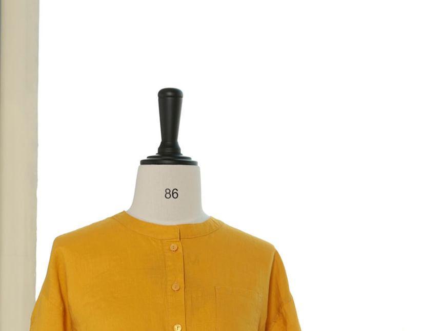 3/4-Sleeve Crew Neck Plain Button-Up Blouse Product Image