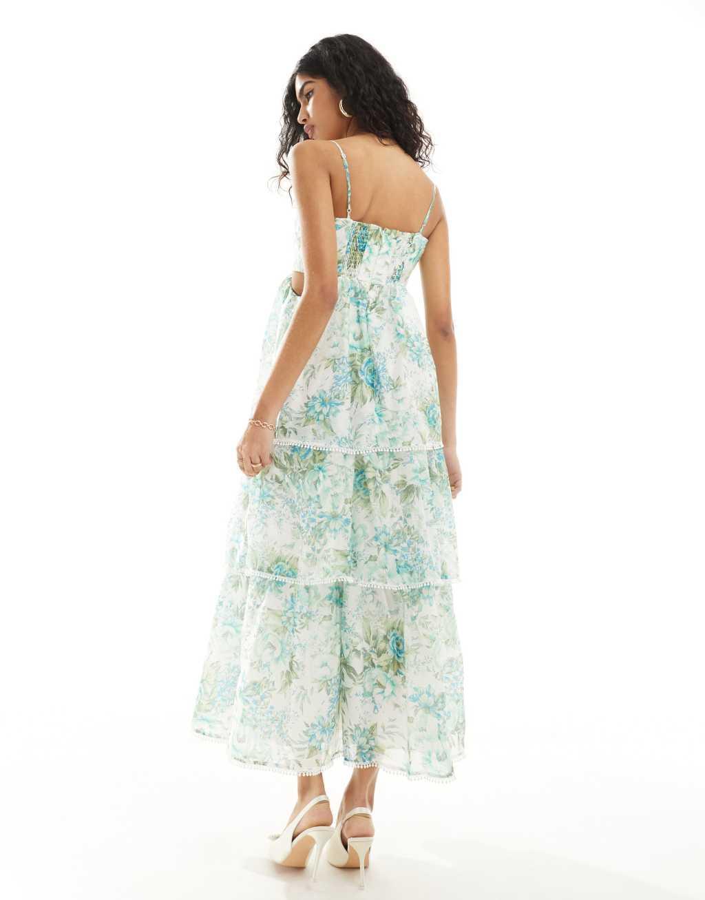 Ever New tiered midaxi dress in green and blue floral Product Image