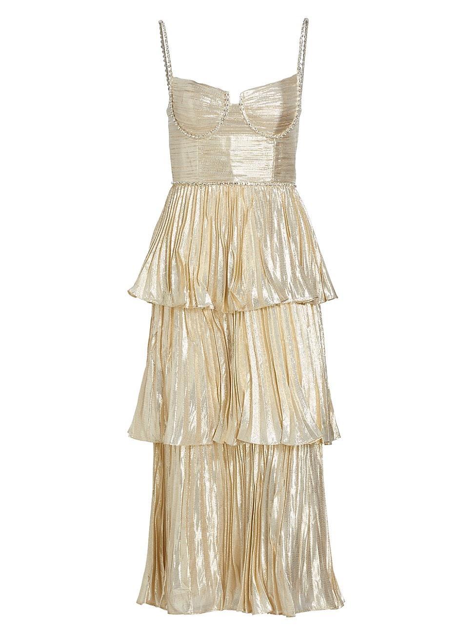 Womens Gold Metallic Tiered Midi Dress Product Image