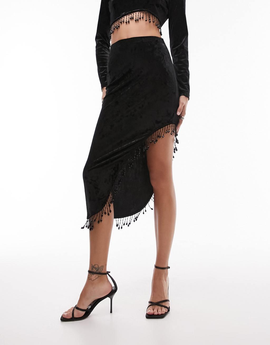 Topshop velvet embellished tassel skirt in black - part of a set Product Image