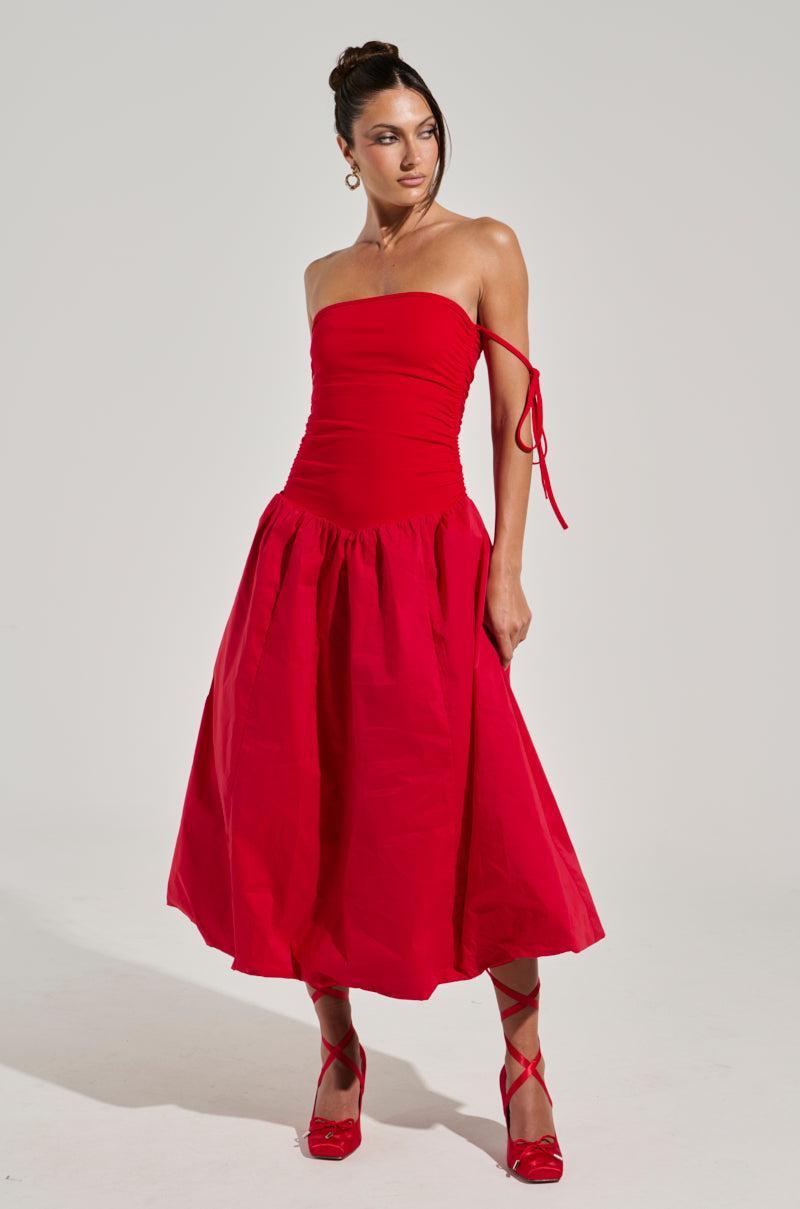 SITTING PRETTY POPLIN MIDI DRESS IN RED Product Image