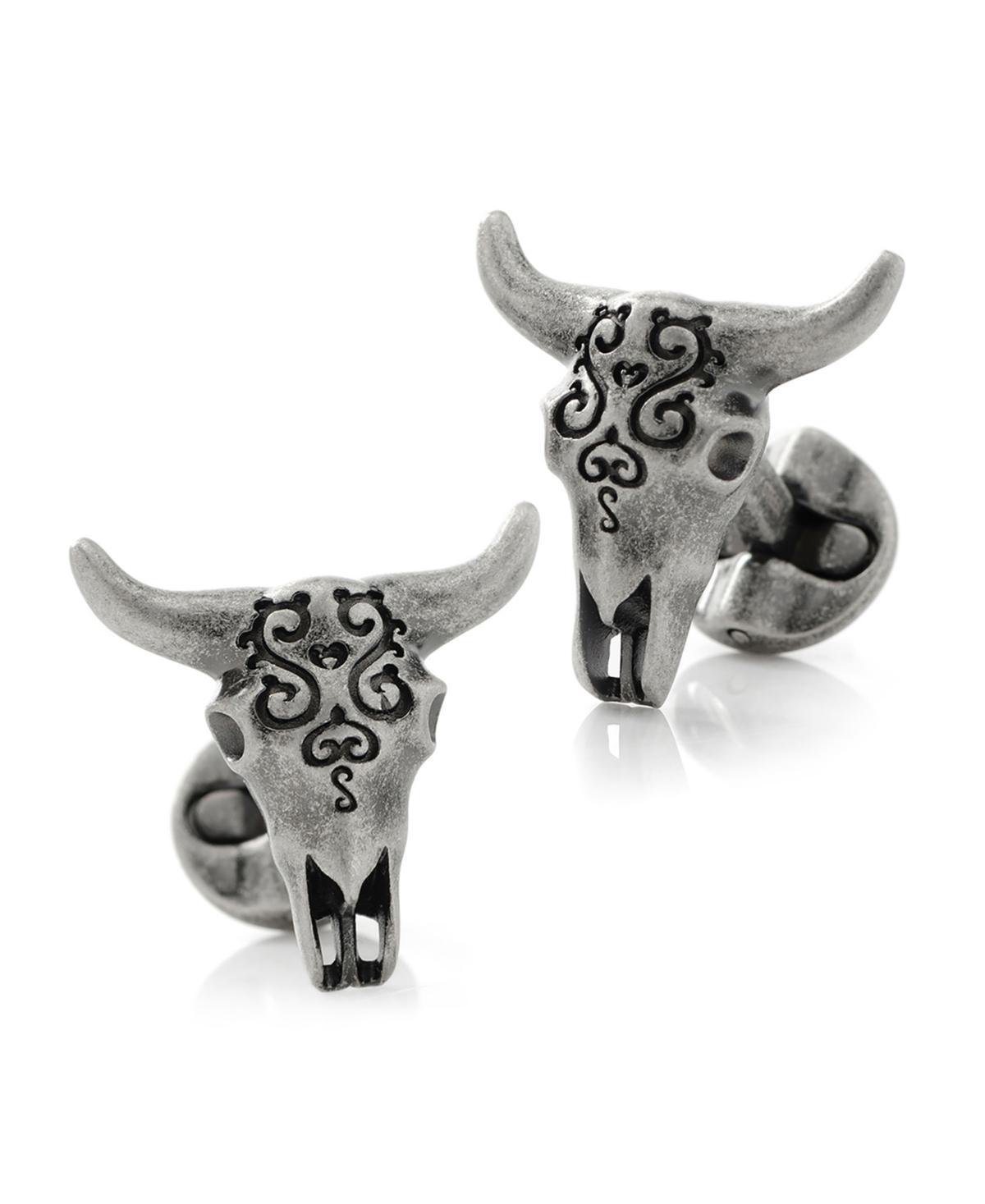 Mens Antique Stainless Steel Carved Cows Skull Cufflinks Product Image