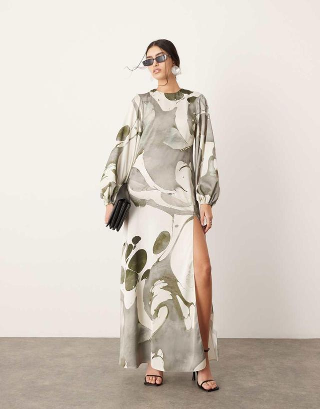 ASOS EDITION satin long sleeve smock dress in gray abstract print Product Image