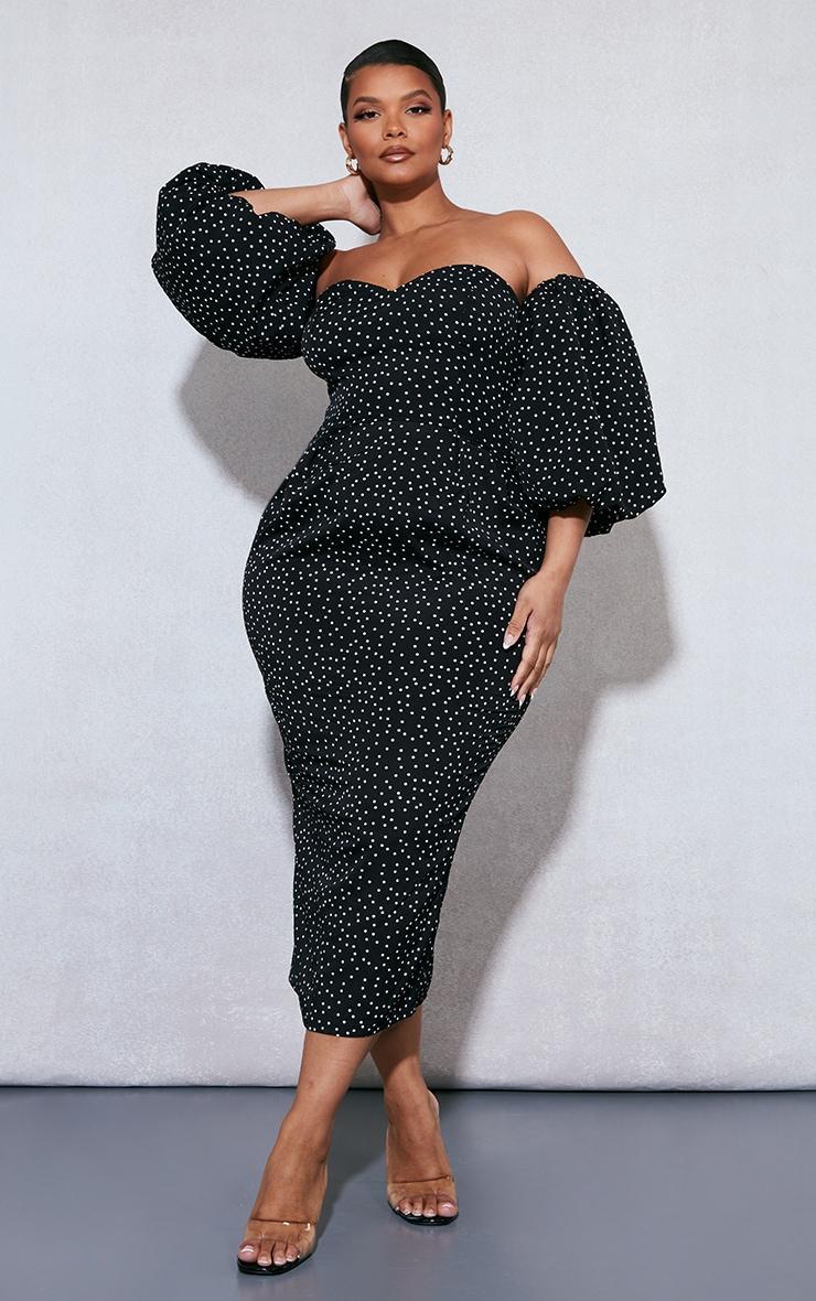 Plus Black Polka Dot Bandeau Puff Sleeve Midi Dress Product Image