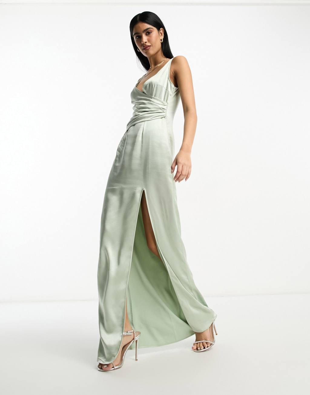 Pretty Lavish Bridesmaid Esmee wrap satin maxi dress in sage green Product Image