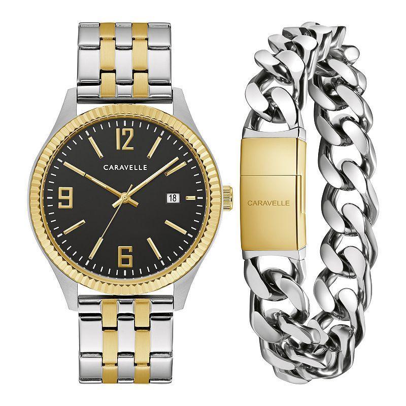 Men's Caravelle by Bulova Two-Tone Watch with Black Dial and Bracelet Box Set (Model: 45K000) Product Image