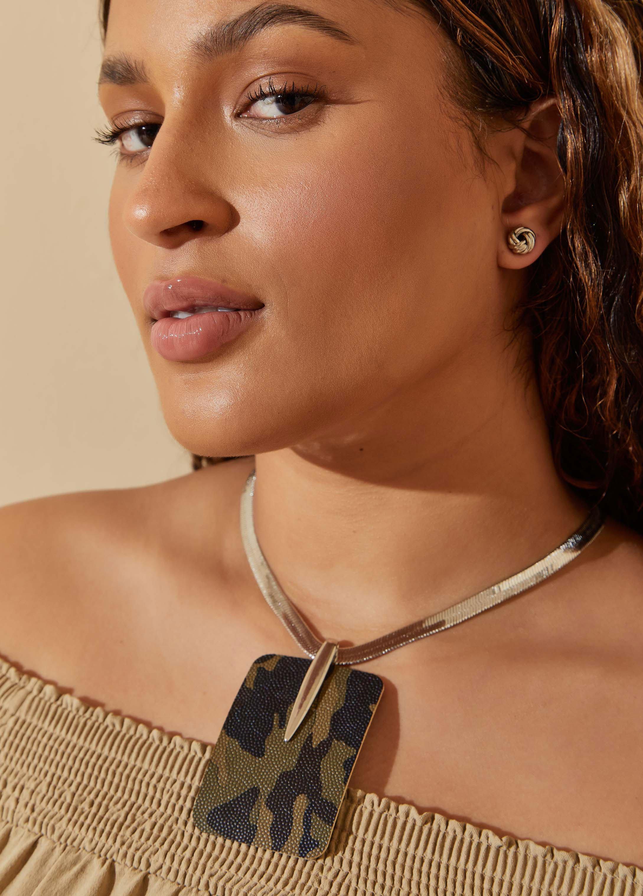 Plus Size Camo Print Faux Leather Necklace Ashley Stewart Product Image