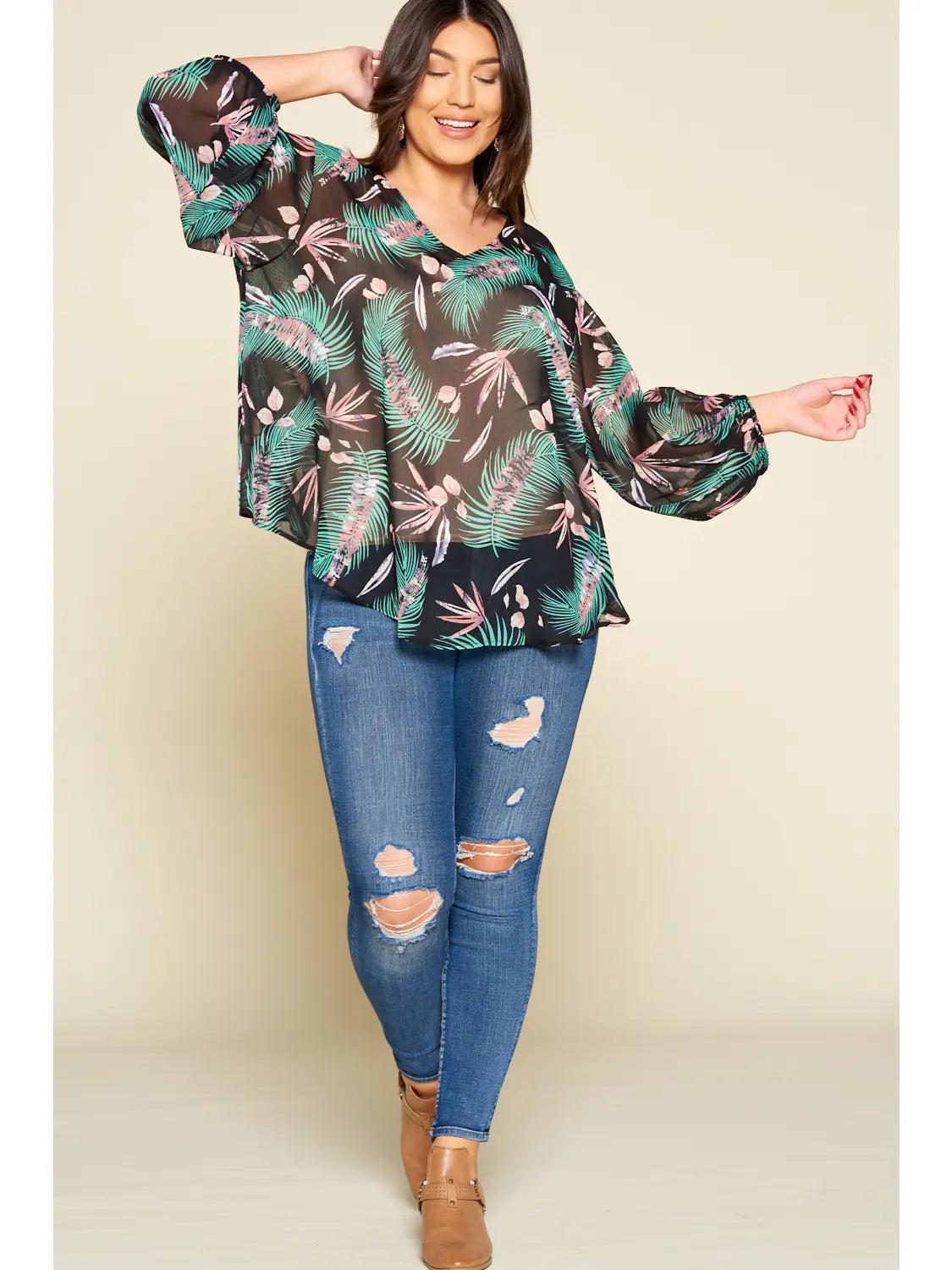 Tropical Leaf Chiffon Top Female Product Image