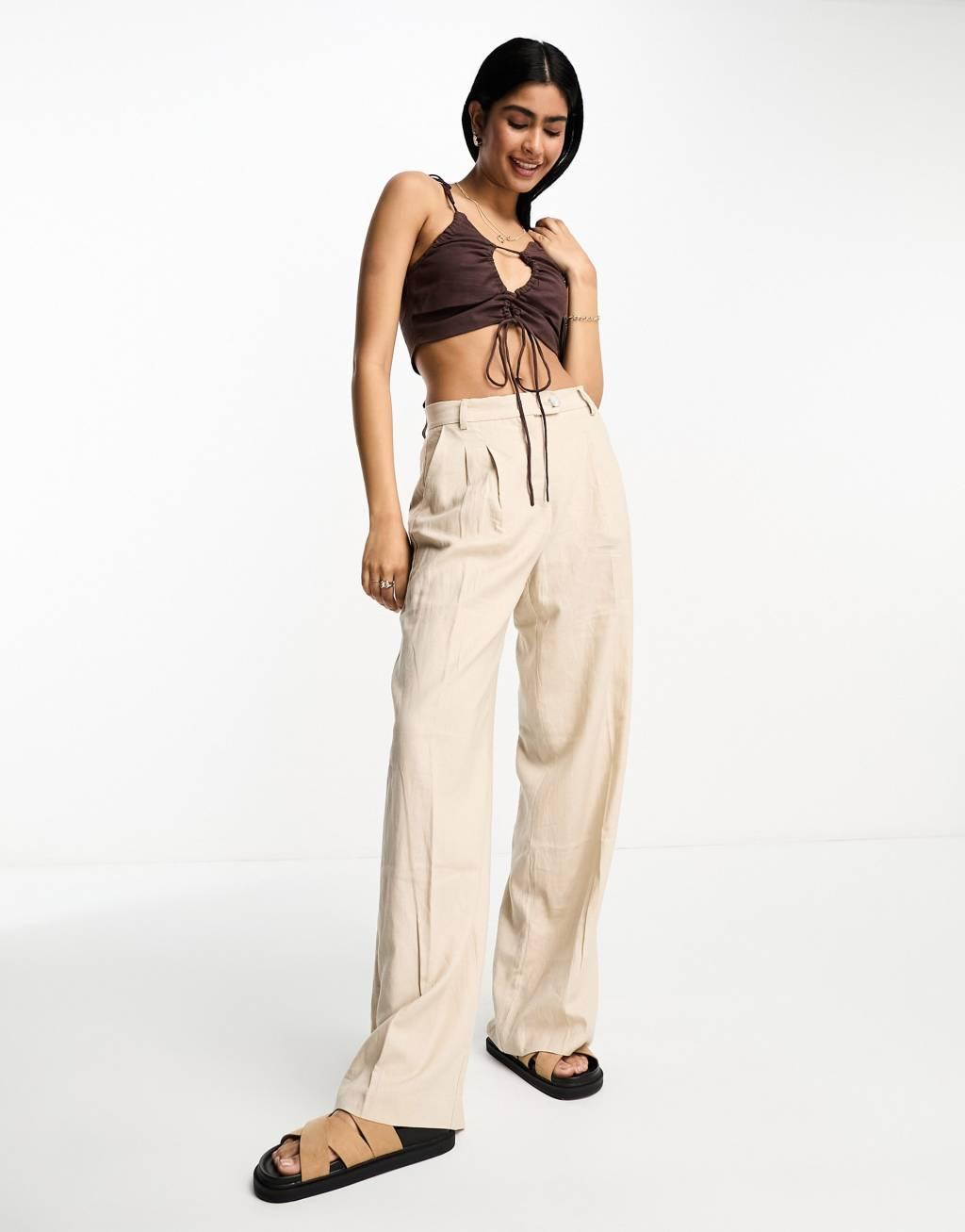 ASOS DESIGN ruched keyhole strappy crop top with tie shoulder detail Product Image