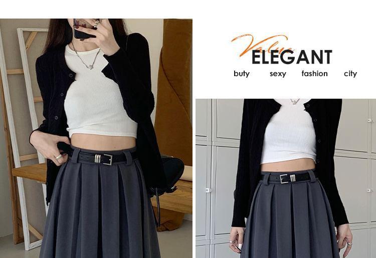 High Waist Plain Accordion Pleated Midi A-Line Skirt Product Image