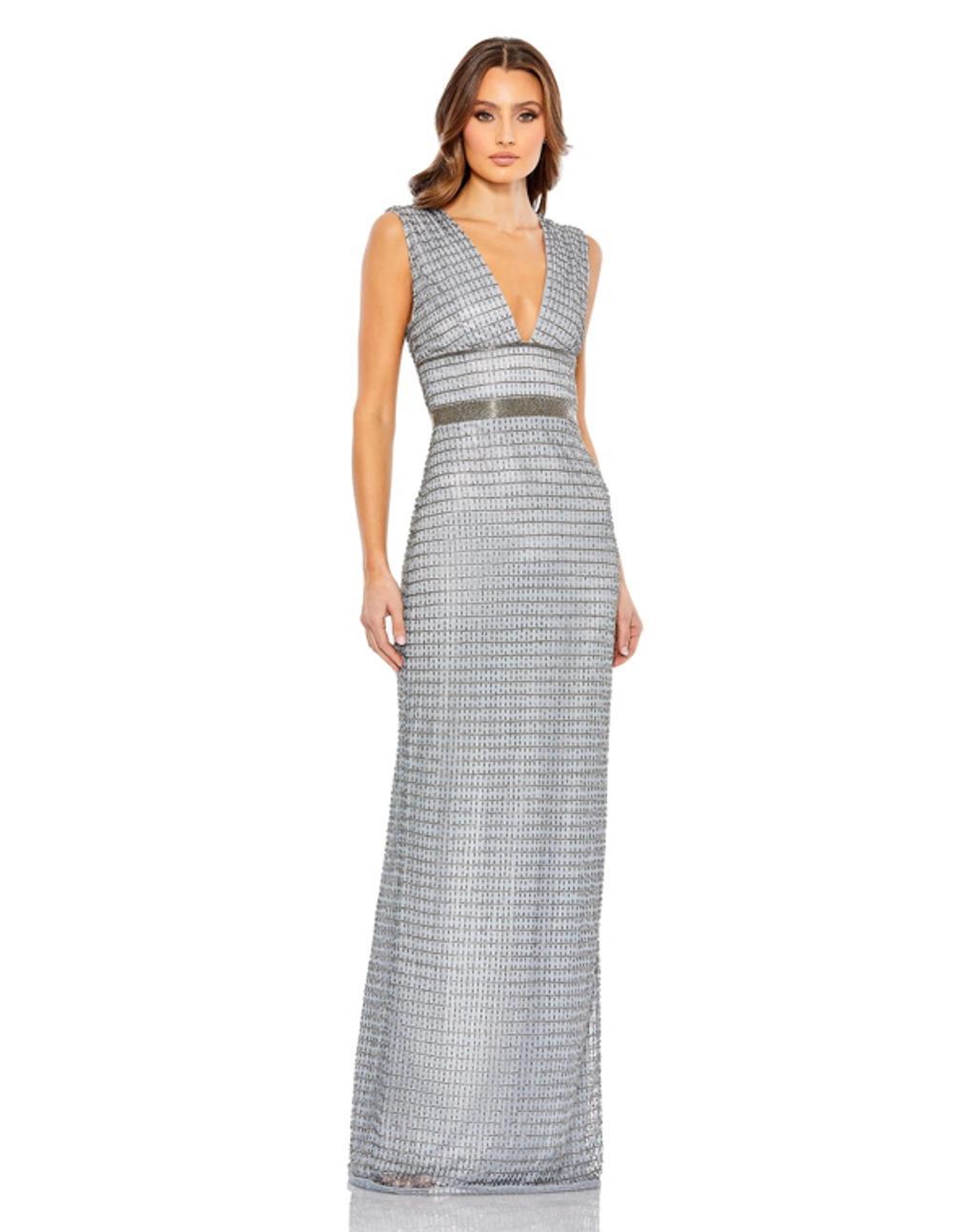 Beaded Cap Sleeve V Neck Column Gown In Silver Product Image