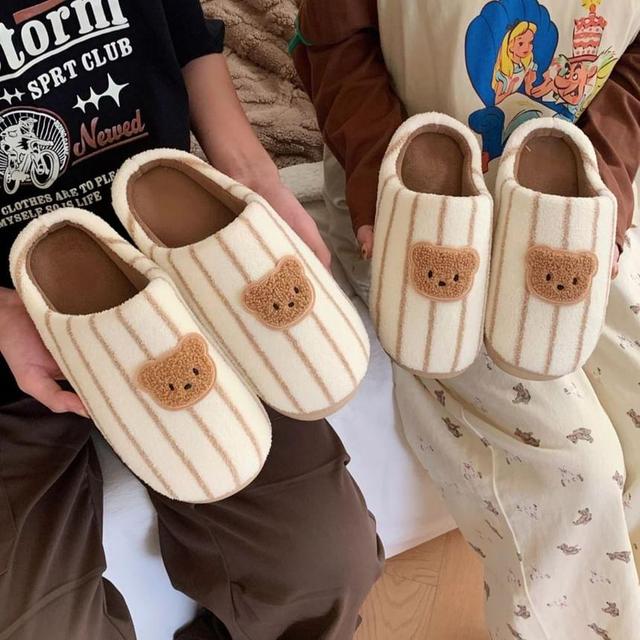 Bear Applique Striped Slippers Product Image