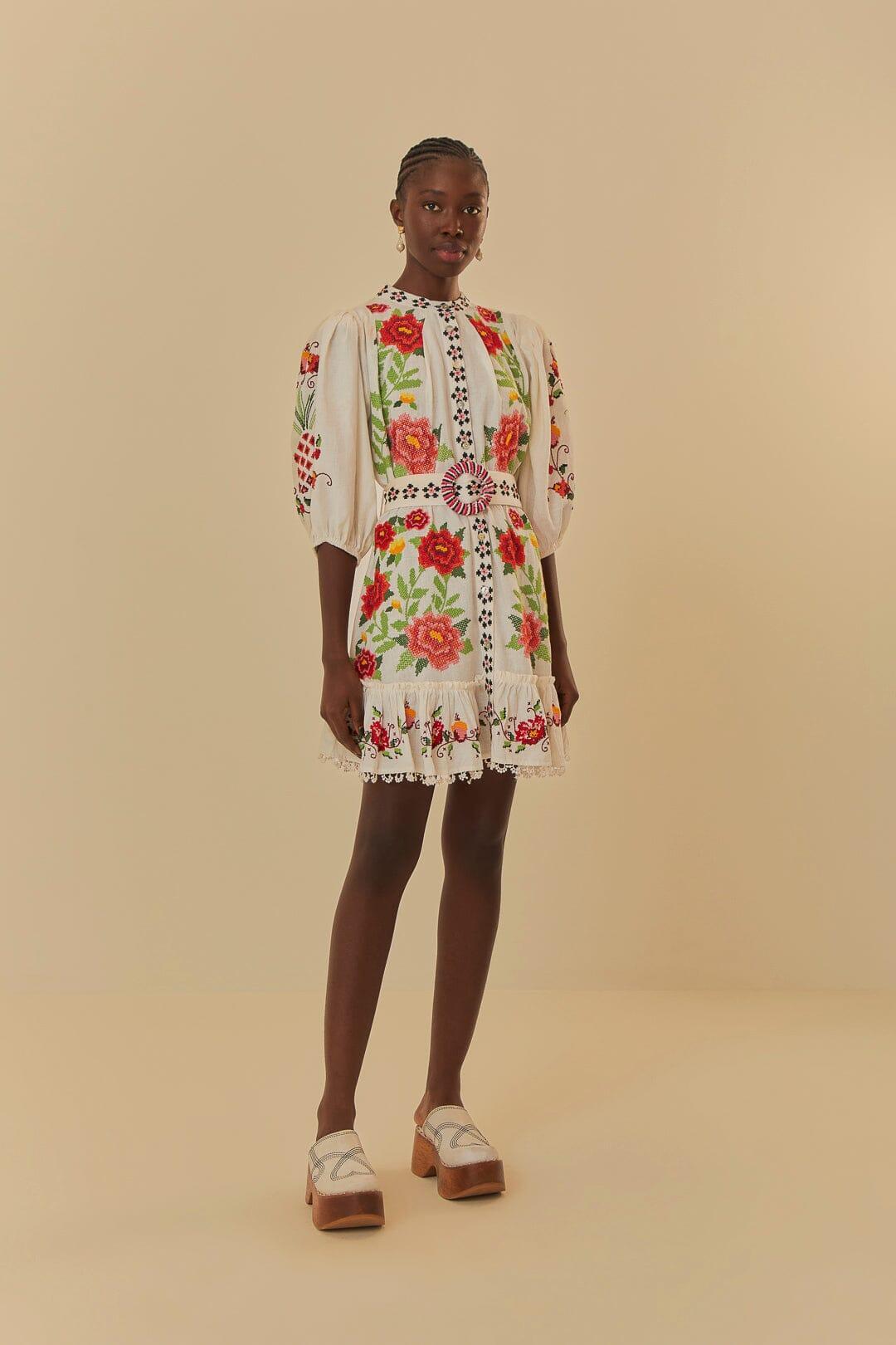 Off-White Embroidered Carmina Floral Short Sleeve Mini Dress Product Image