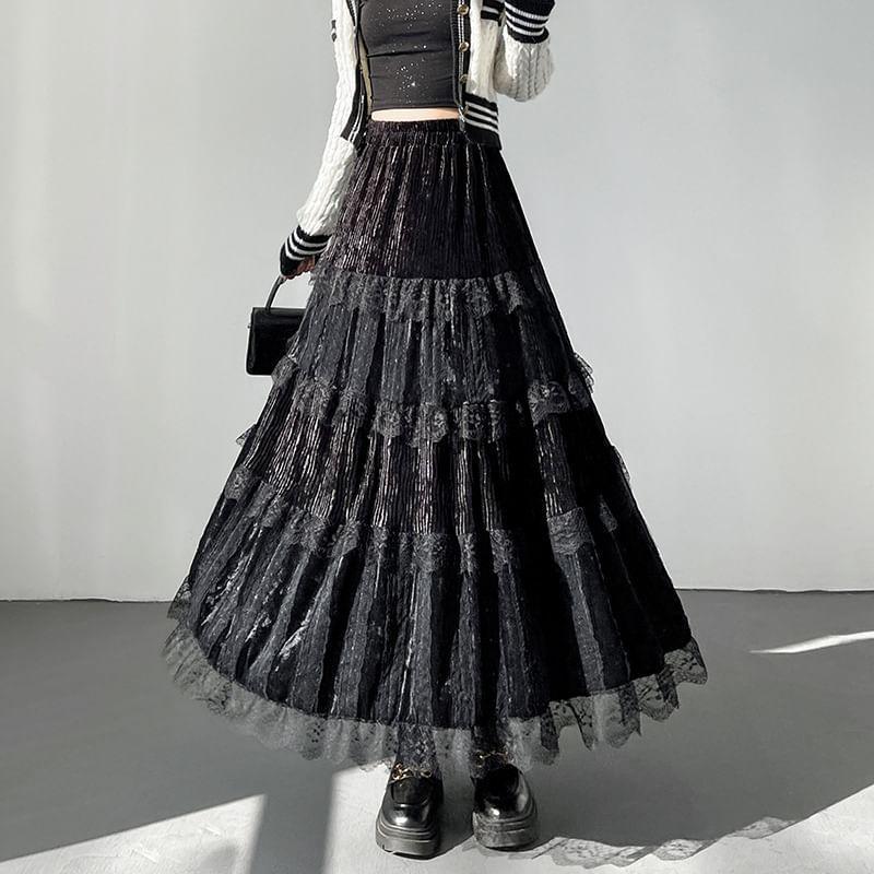 Elastic Waist Plain Lace Trim Tiered Midi A-Line Skirt product image