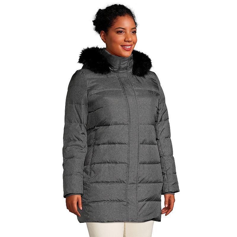 Plus Size Lands End Faux-Fur Hood Long Down Winter Coat, Womens Deep Blue Product Image