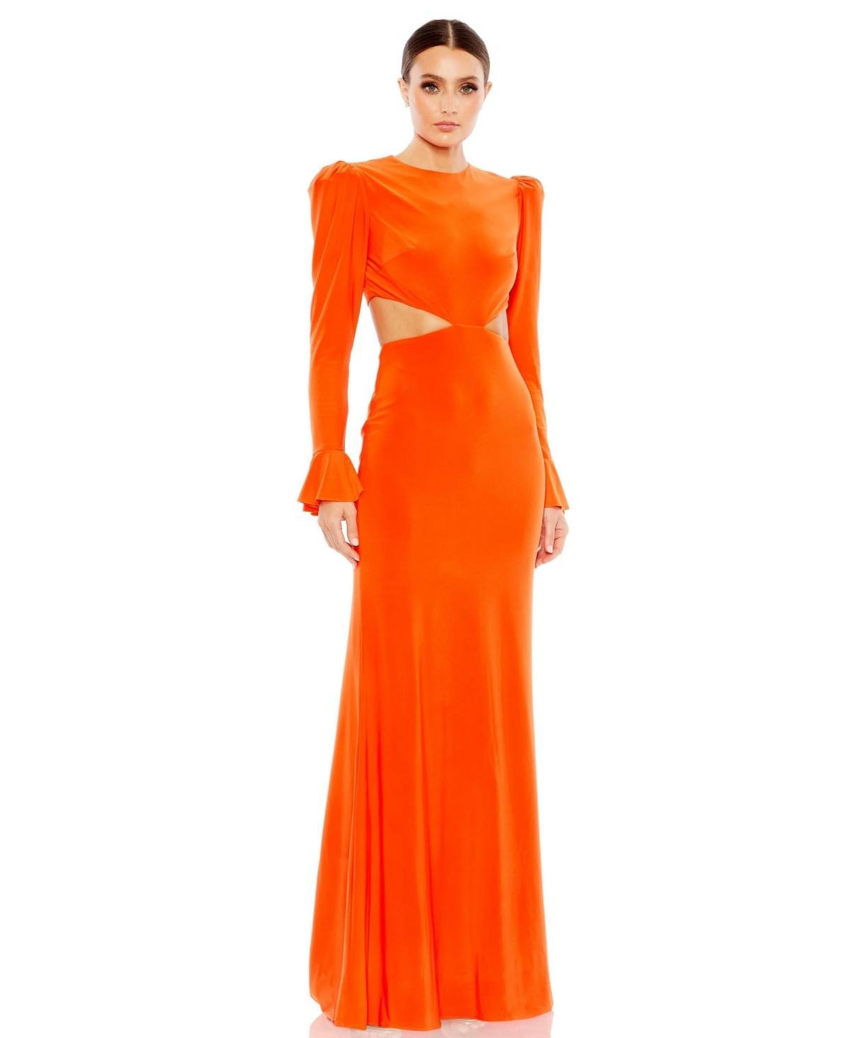 Mac Duggal Womens Long Sleeve Puff Shoulder Cut Out Gown Product Image