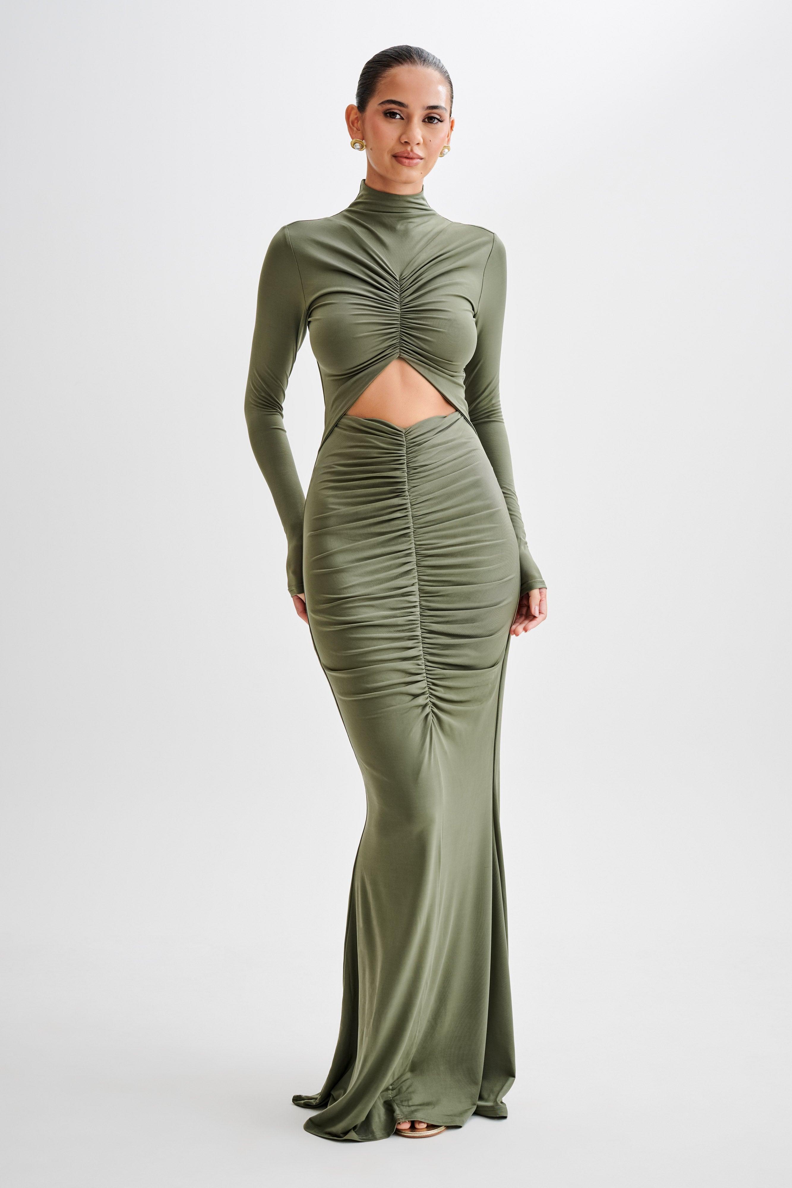 Pia Slinky Long Sleeve Cutout Maxi Dress - Military Olive Product Image