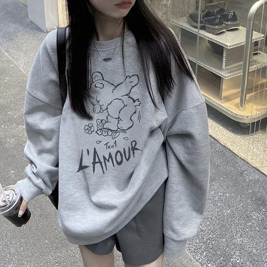 Long Sleeve Bear & Lettering Print Loose-Fit Sweatshirt Product Image